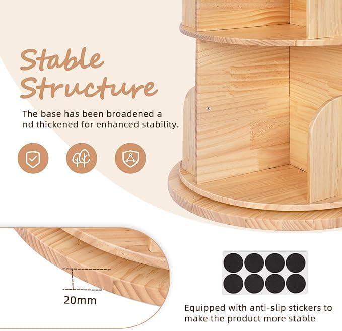 【新品】便利過ぎる回転本棚　ナチュラルな白木の天然木　３段