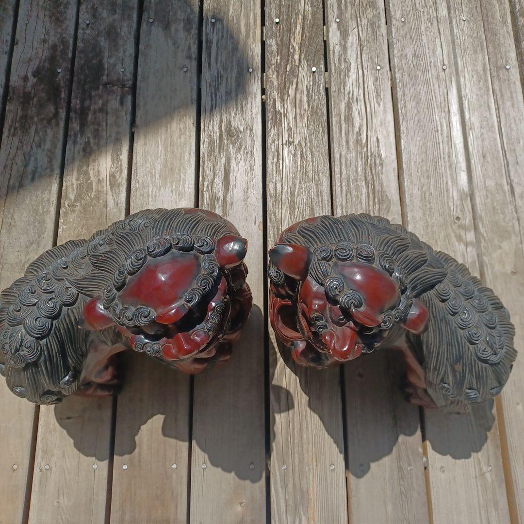 木彫り 狛犬 獅子 置物 大型2体