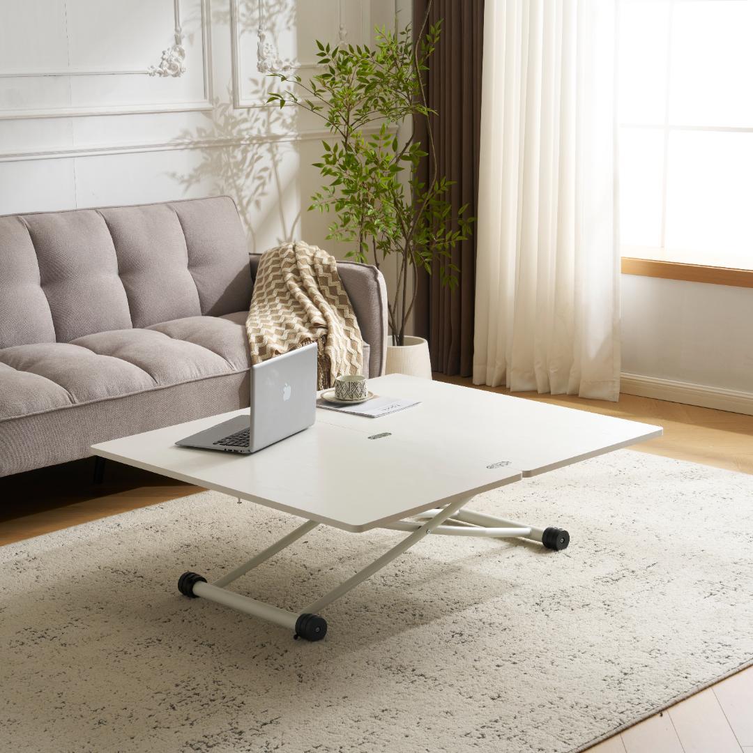 超人気！テーブル 天板が2倍に広がるガス圧昇降テーブル　WHITE