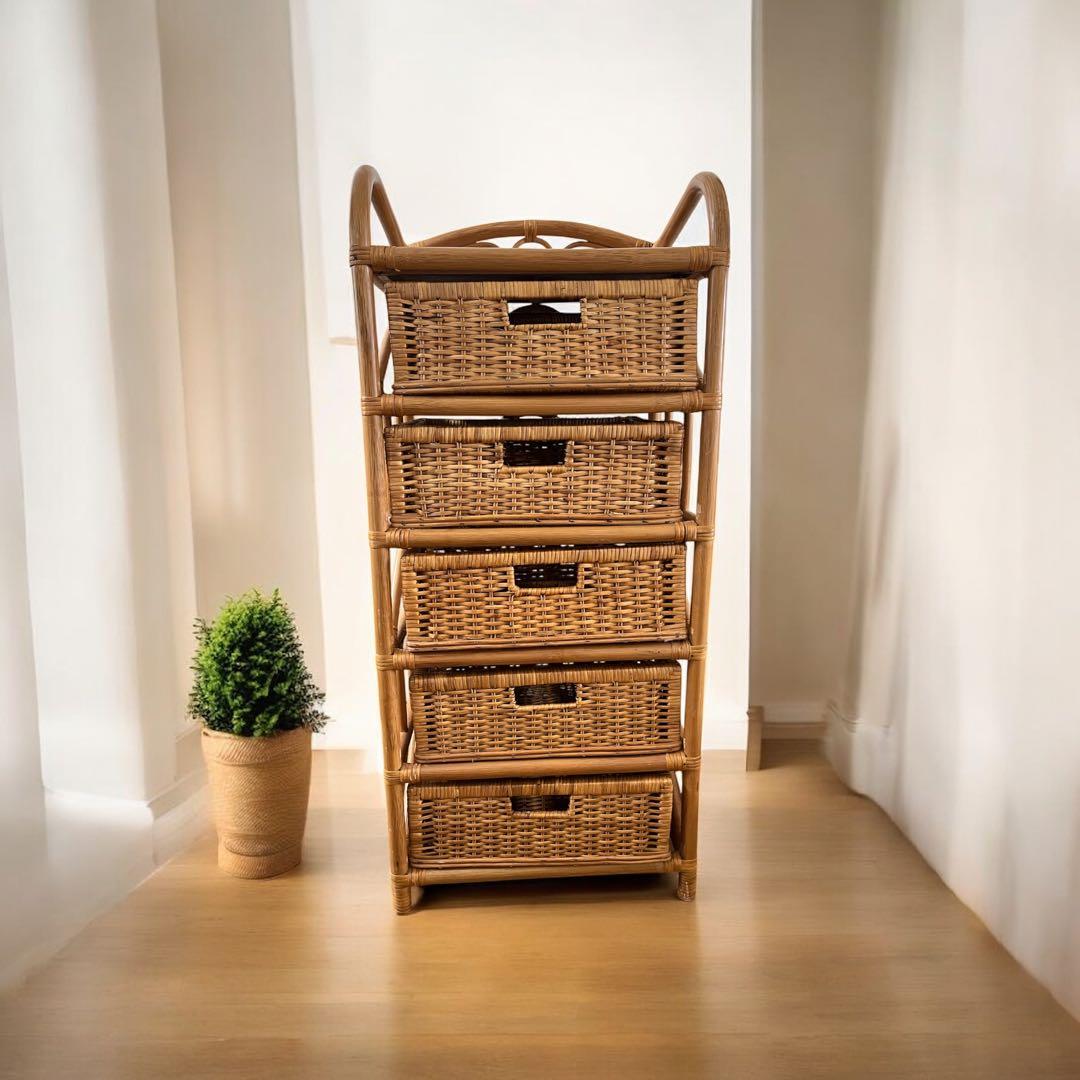 ラタン ５段 ラック 籐家具 引き出し 昭和レトロ