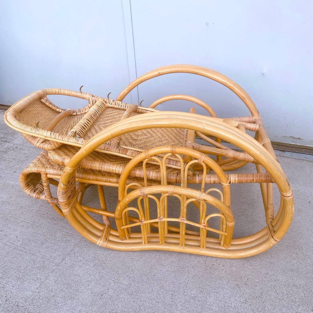 【送料無料】 ラタン リクライニングチェア テーブル マガジンラック オットマン