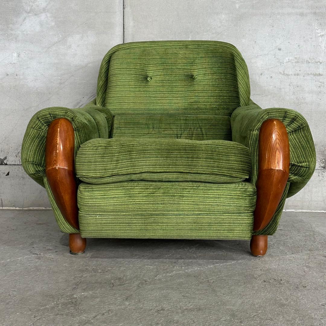 昭和レトロ ミッドセンチュリー グリーン 1人掛けソファ木肘 ヴィンテージ 国産