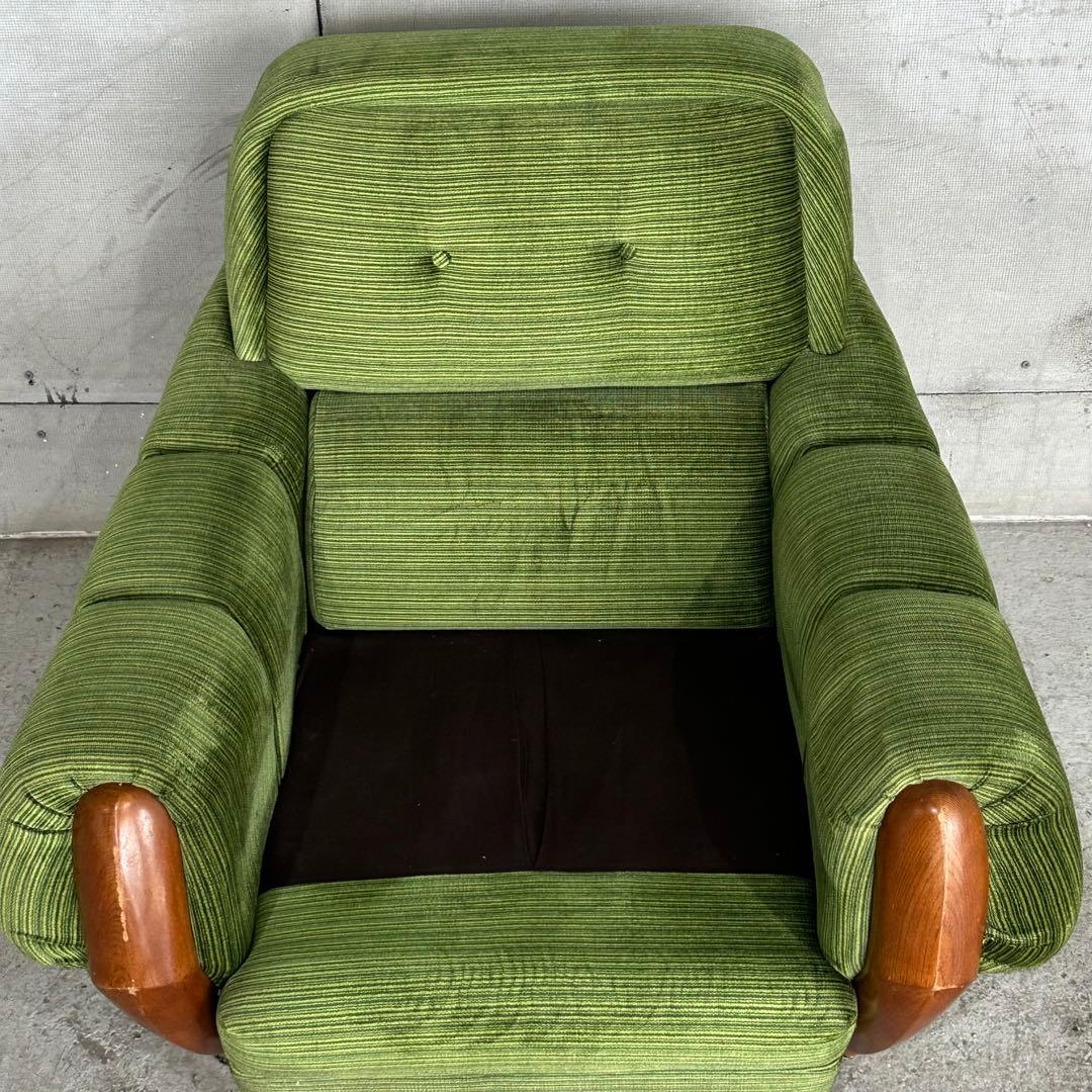 昭和レトロ ミッドセンチュリー グリーン 1人掛けソファ木肘 ヴィンテージ 国産