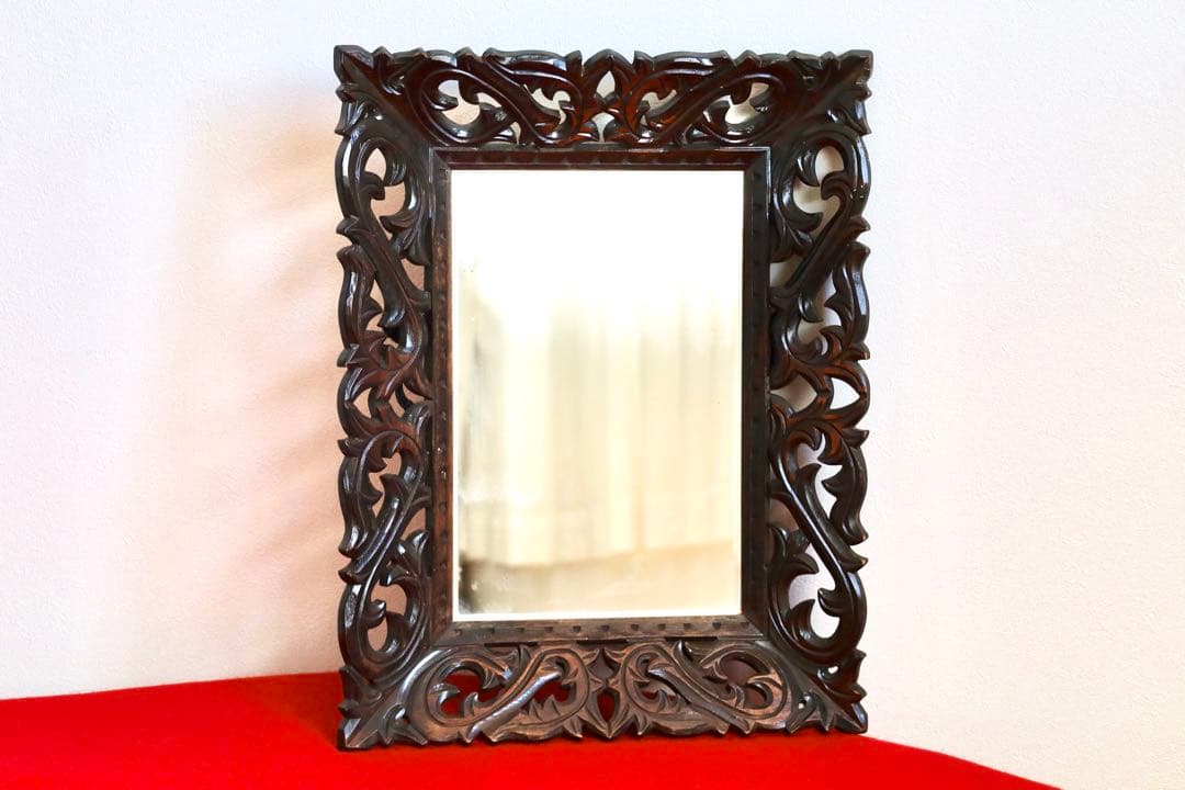 アンティーク雑貨【壁掛け　鏡　昭和レトロ　木彫り】