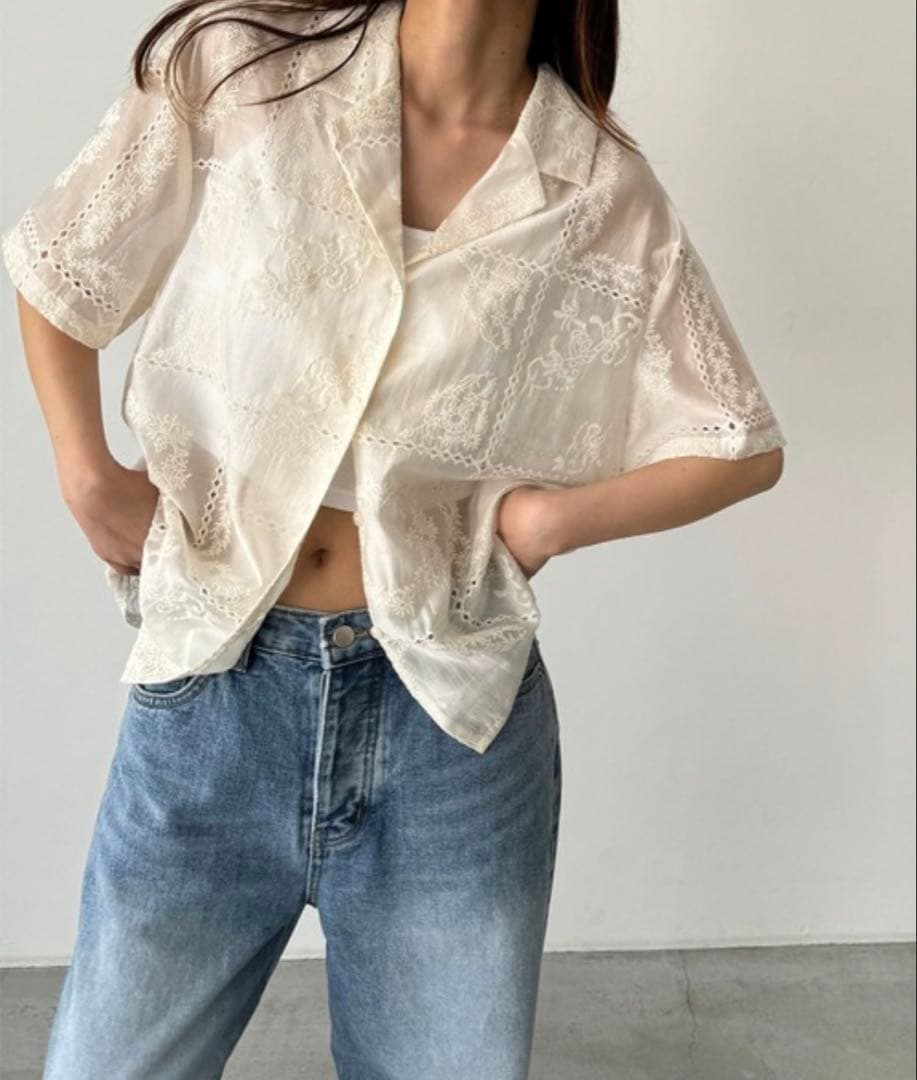 アイボリー レース 半袖シャツ