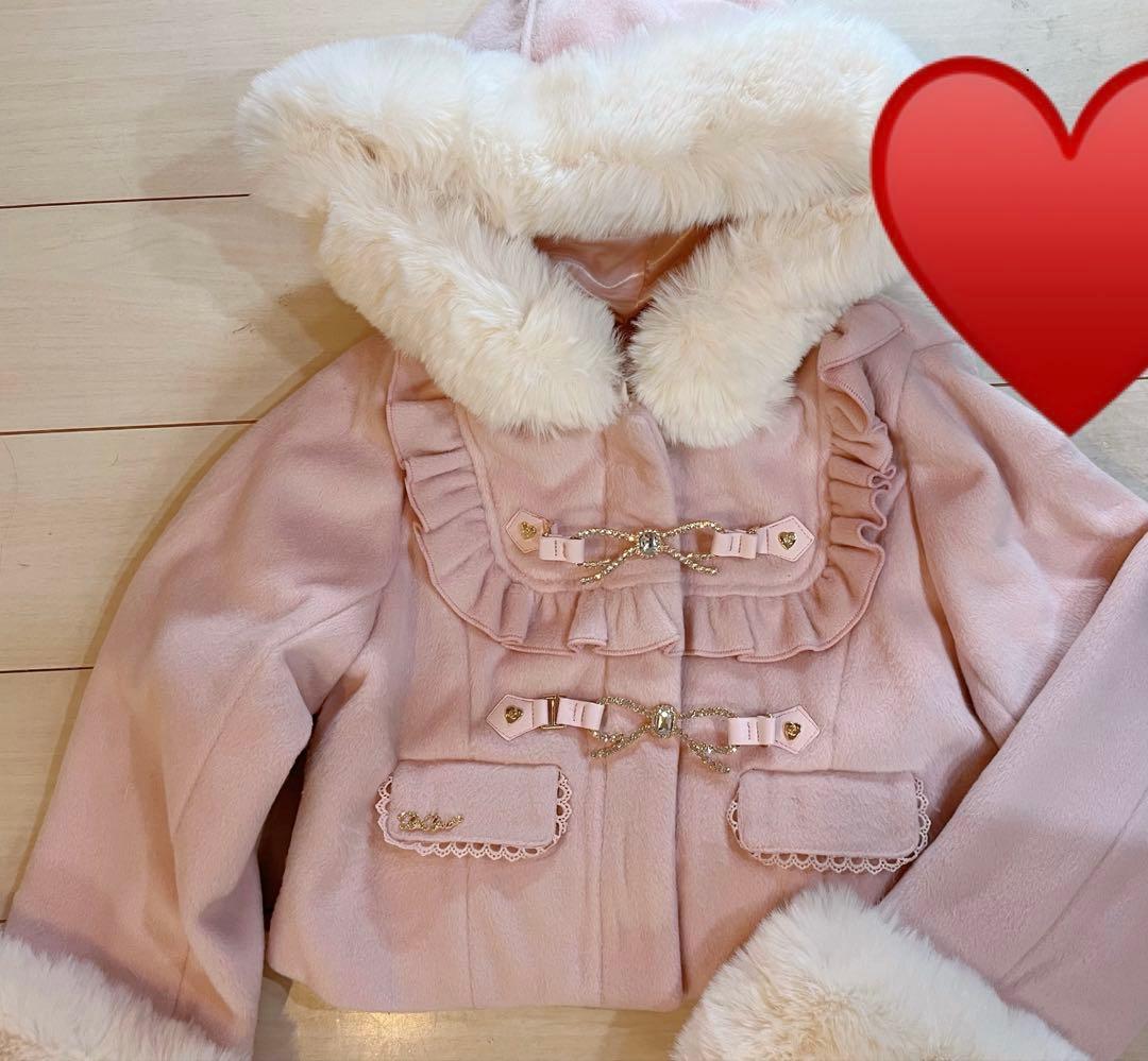 LIZLISAデザイン ビジューリボン付きショートコート フードコート ピンク