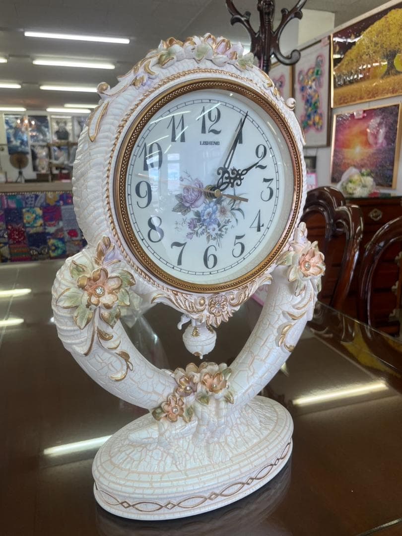 ロココ　振り子時計　置き時計　時計　クロック　姫　バラ　ピンク　アンティーク