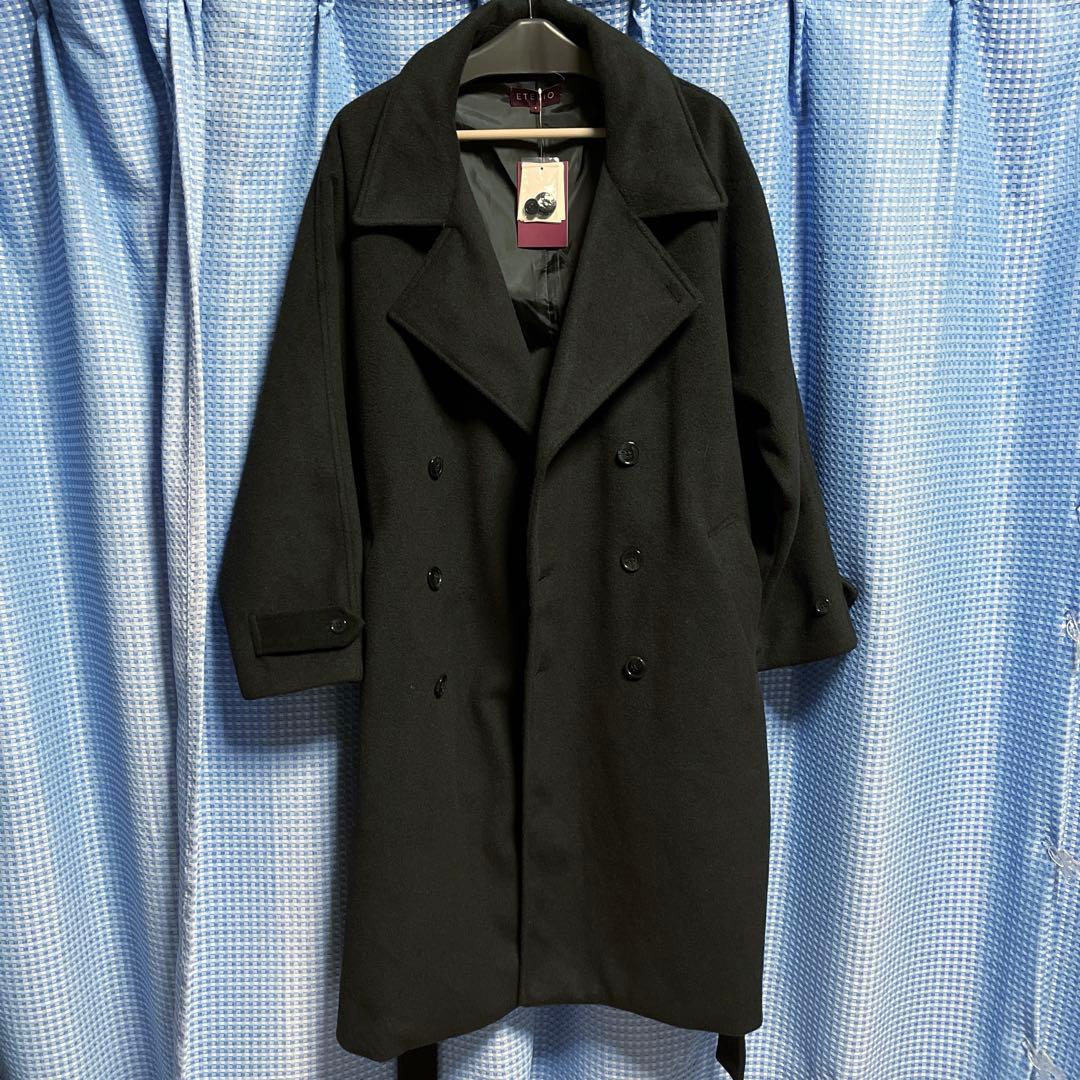 新品★ETELIO ウール混メルトンダブルチェスターコート S ブラック