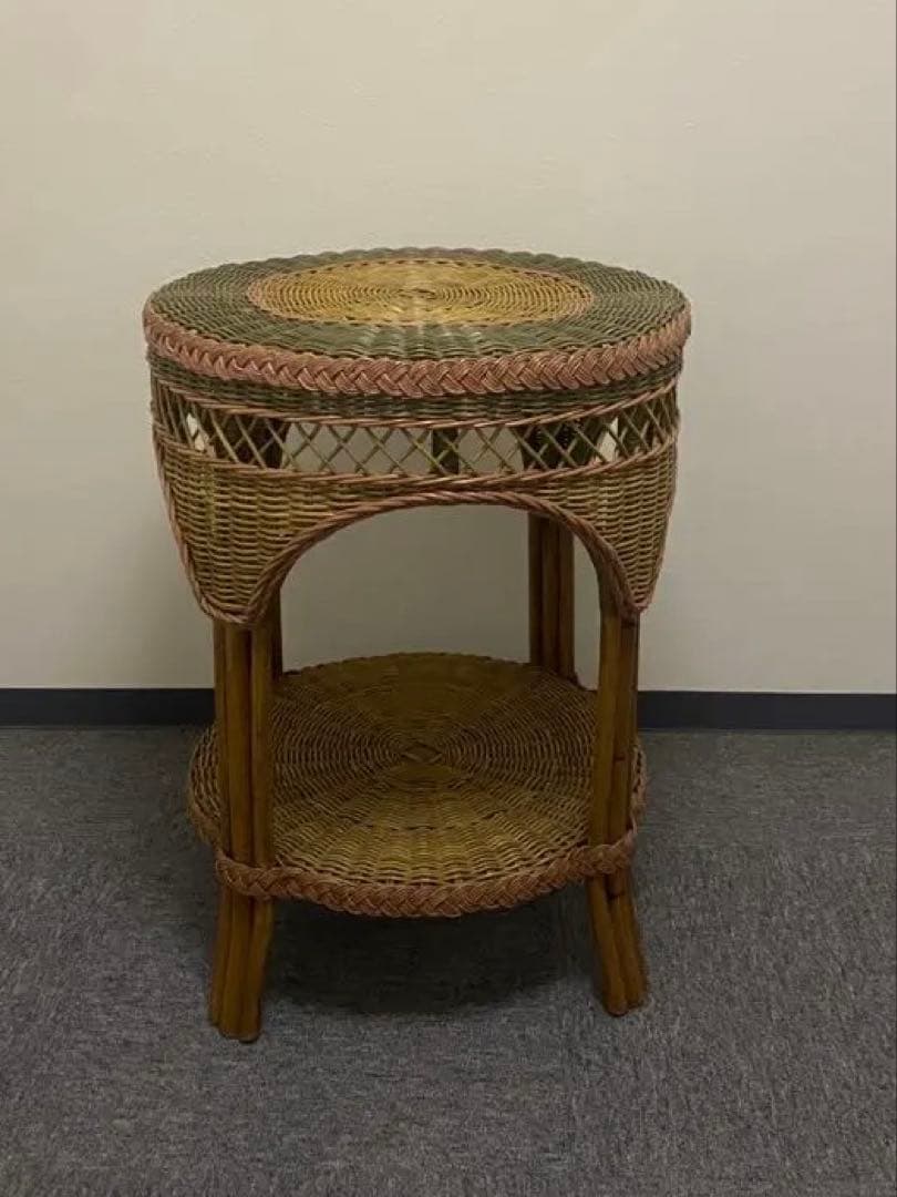 ヴィンテージ ラタン 丸テーブル 籐家具 サイドテーブル アジアンレトロ