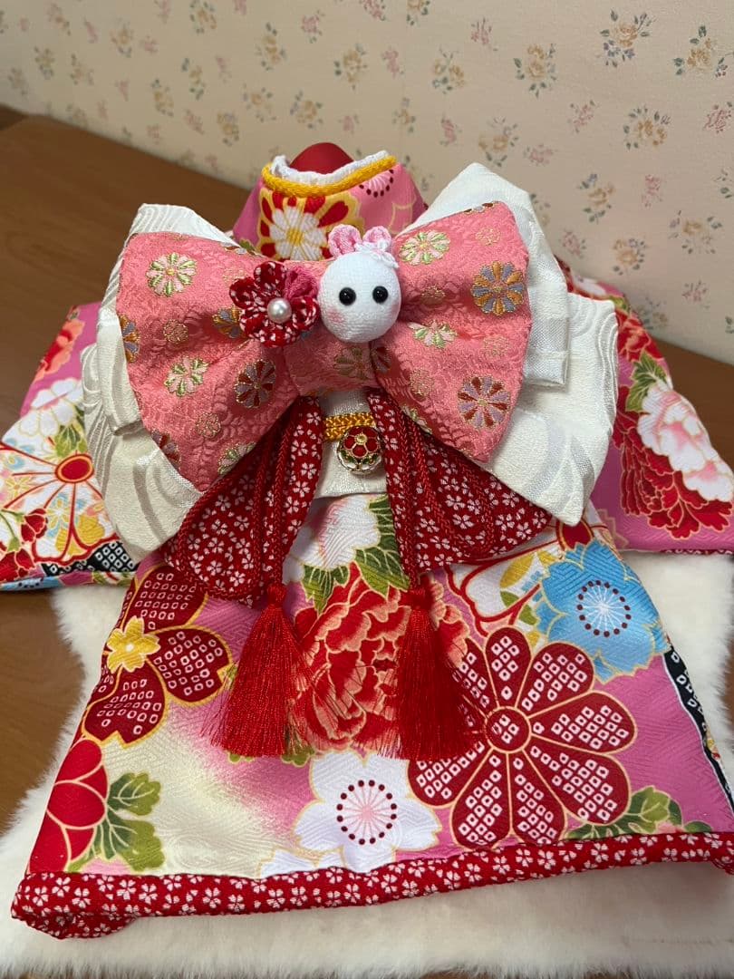 帯飾りを足してお作りし直しました。☆*花柄ピンク着物☆*　犬服　犬服用お着物