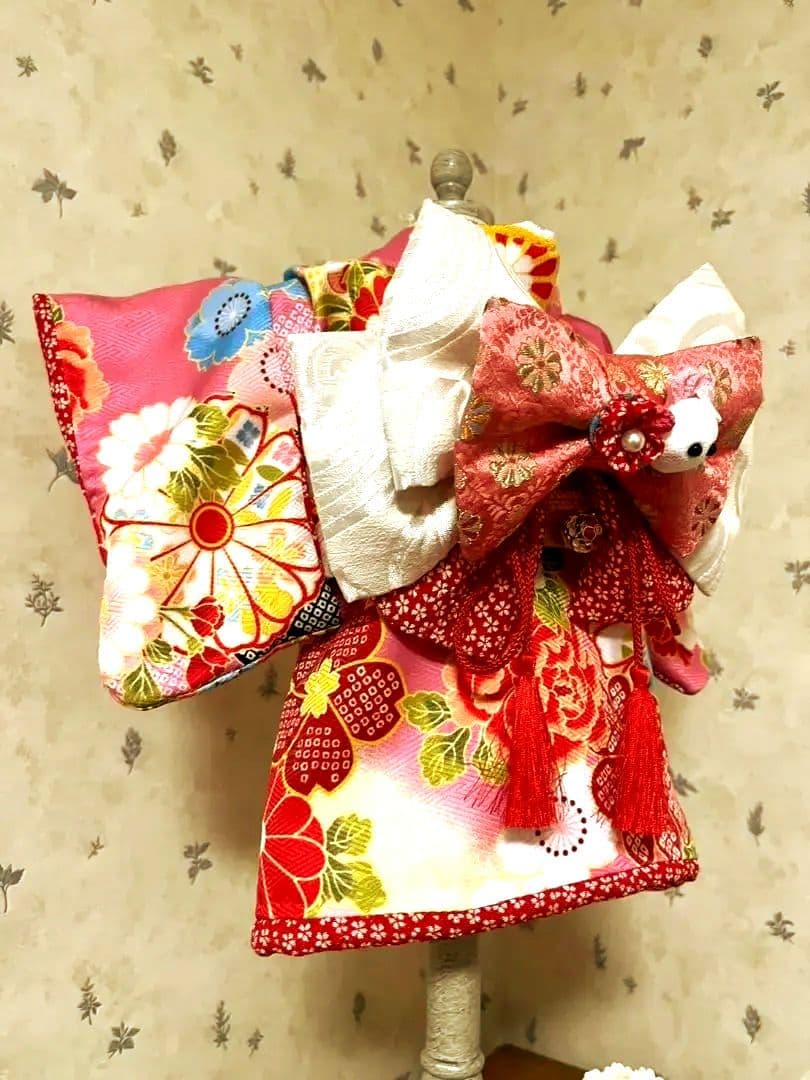 帯飾りを足してお作りし直しました。☆*花柄ピンク着物☆*　犬服　犬服用お着物