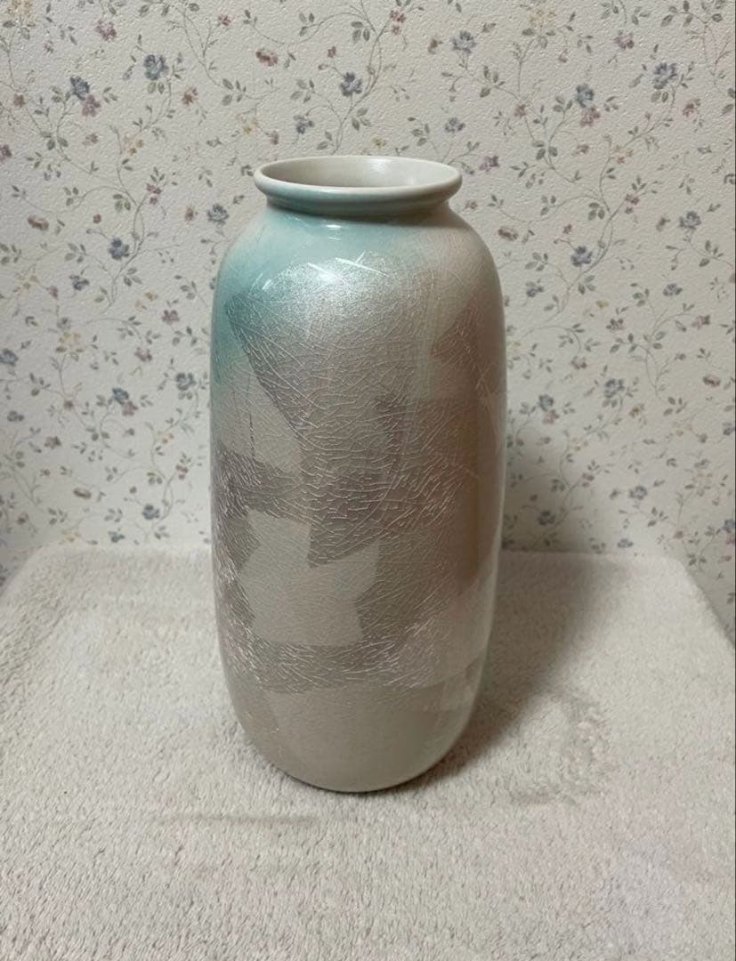 九谷宗秀　陶器製 花瓶 抽象模様 青白金 付属品付き