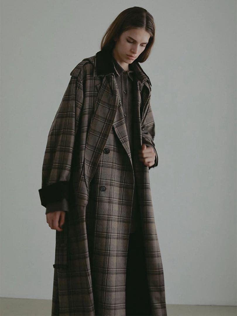 新品☆エトレトウキョウ　フードストールロングトレンチコート　チェックS