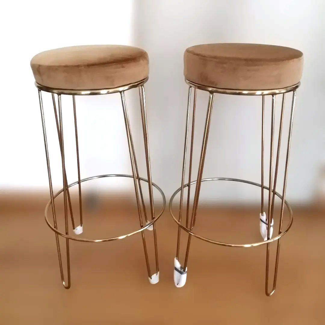 ハイスツール ベロア ゴールド脚 丸型　カウンターチェア　2脚セット