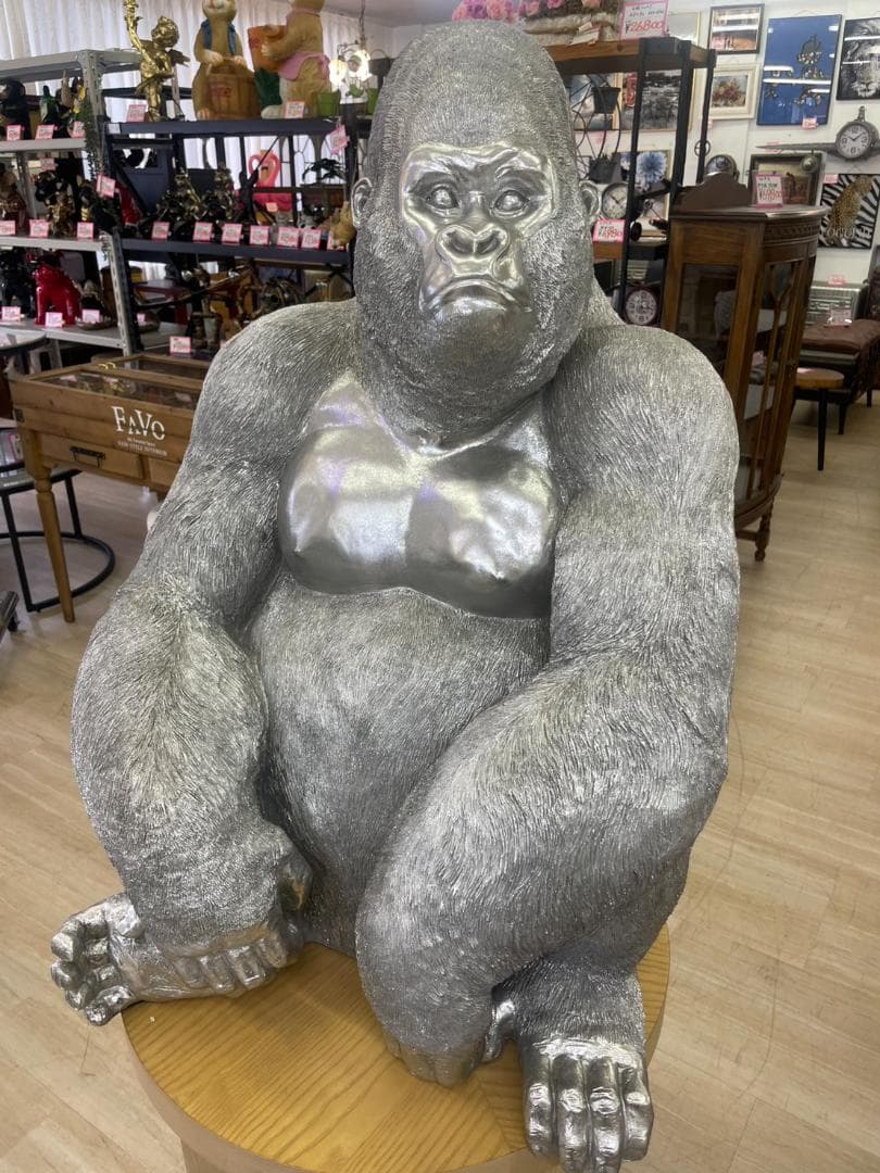 巨大　ゴリラ　キングコング　置物　オブジェ　シルバー　アニマル　高さ88　銀　L