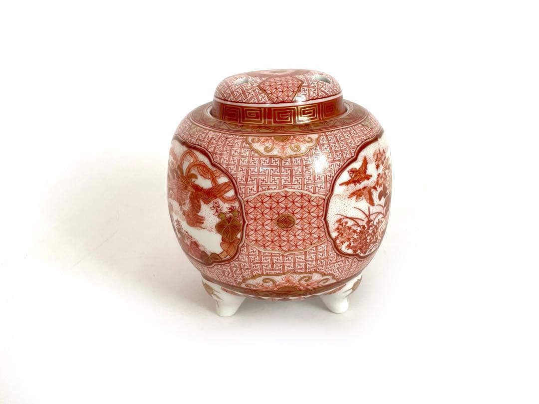 陶芸家　福島武山　九谷焼　細密赤絵　三つ足　香炉　香爐　鳳凰　菊　大黒　箱なし