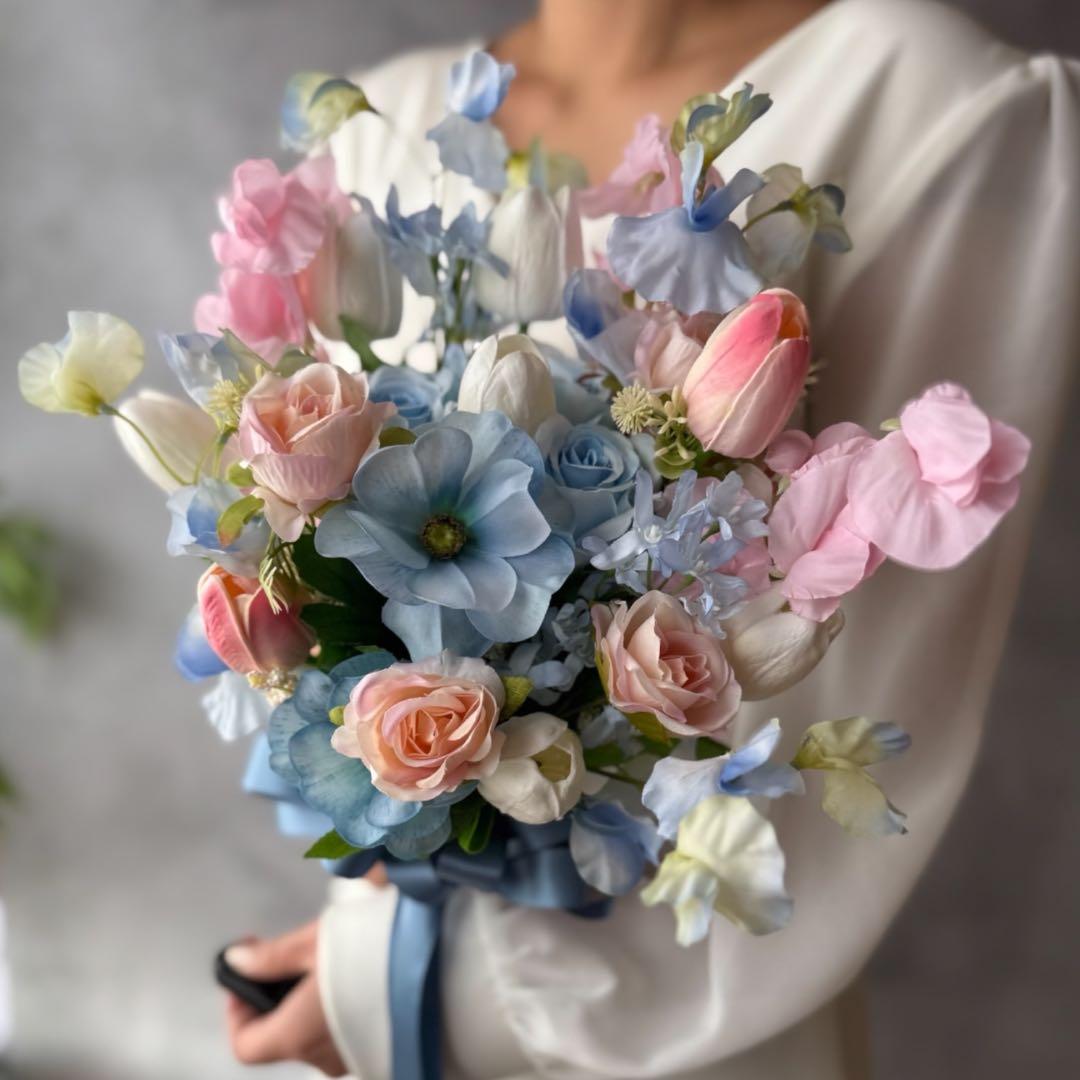 ピンク×ブルークラッチブーケ☆ブートニア