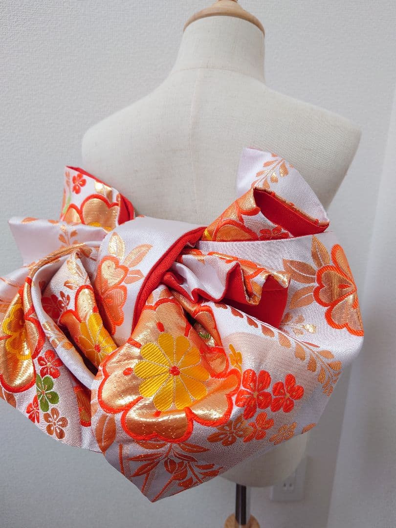 七五三　ハーフ成人式　ジュニア帯　袋帯からの作り帯　1点物　白系　花柄