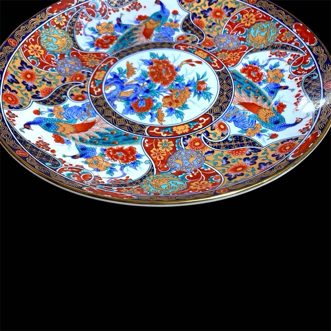 【希少】有田焼 丸五謹製 孔雀牡丹紋 48cm 特大 飾り皿 大皿 金彩 花鳥絵
