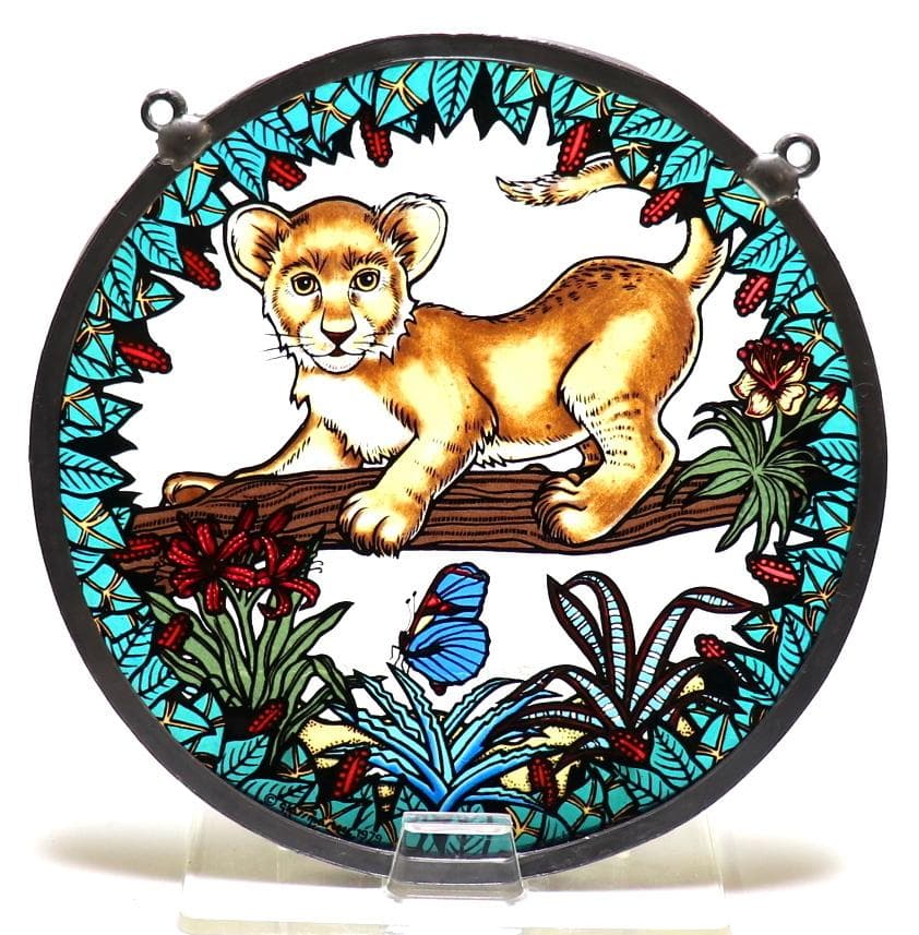 ライオンの赤ちゃんと蝶々 ヴィンテージ ステンドグラス アニマル バタフライ