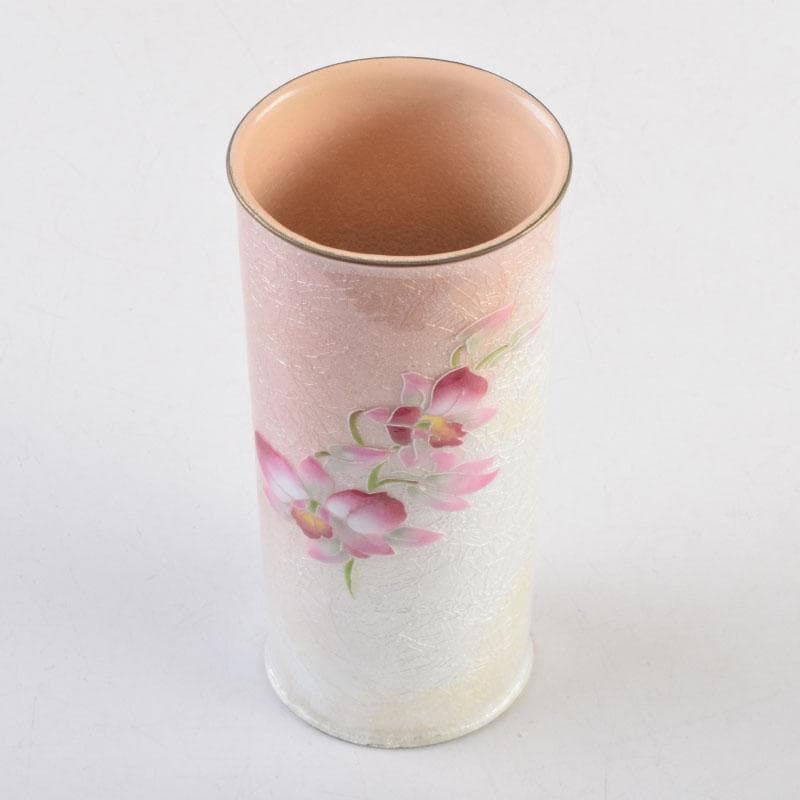 七宝焼　桃釉　花文　花瓶　箱付　V　9150