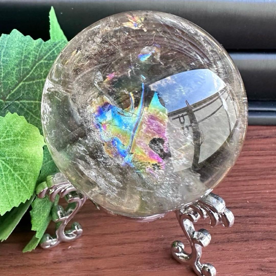 爆レア❗️浄化❗️虹入り☆淡いスモーキーアイリスクォーツ☆ヒマラヤ水晶丸玉A1146