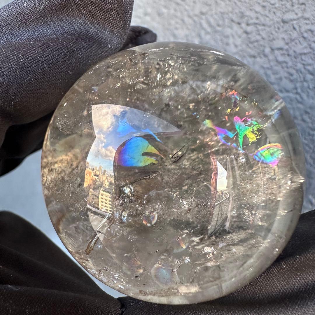 爆レア❗️浄化❗️虹入り☆淡いスモーキーアイリスクォーツ☆ヒマラヤ水晶丸玉A1146
