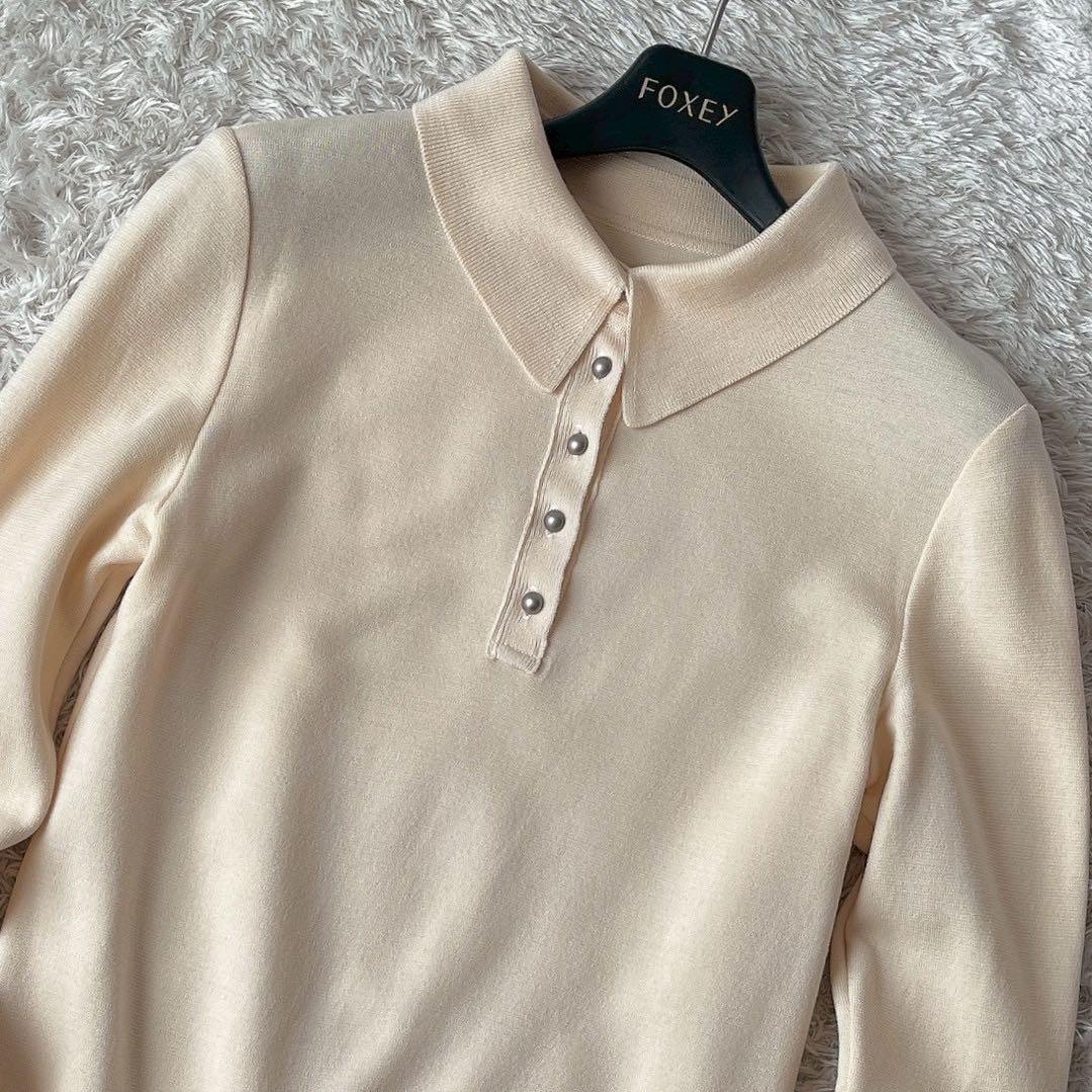【美品】フォクシー ポロニットセーター ウール100％ 襟付きアイボリー