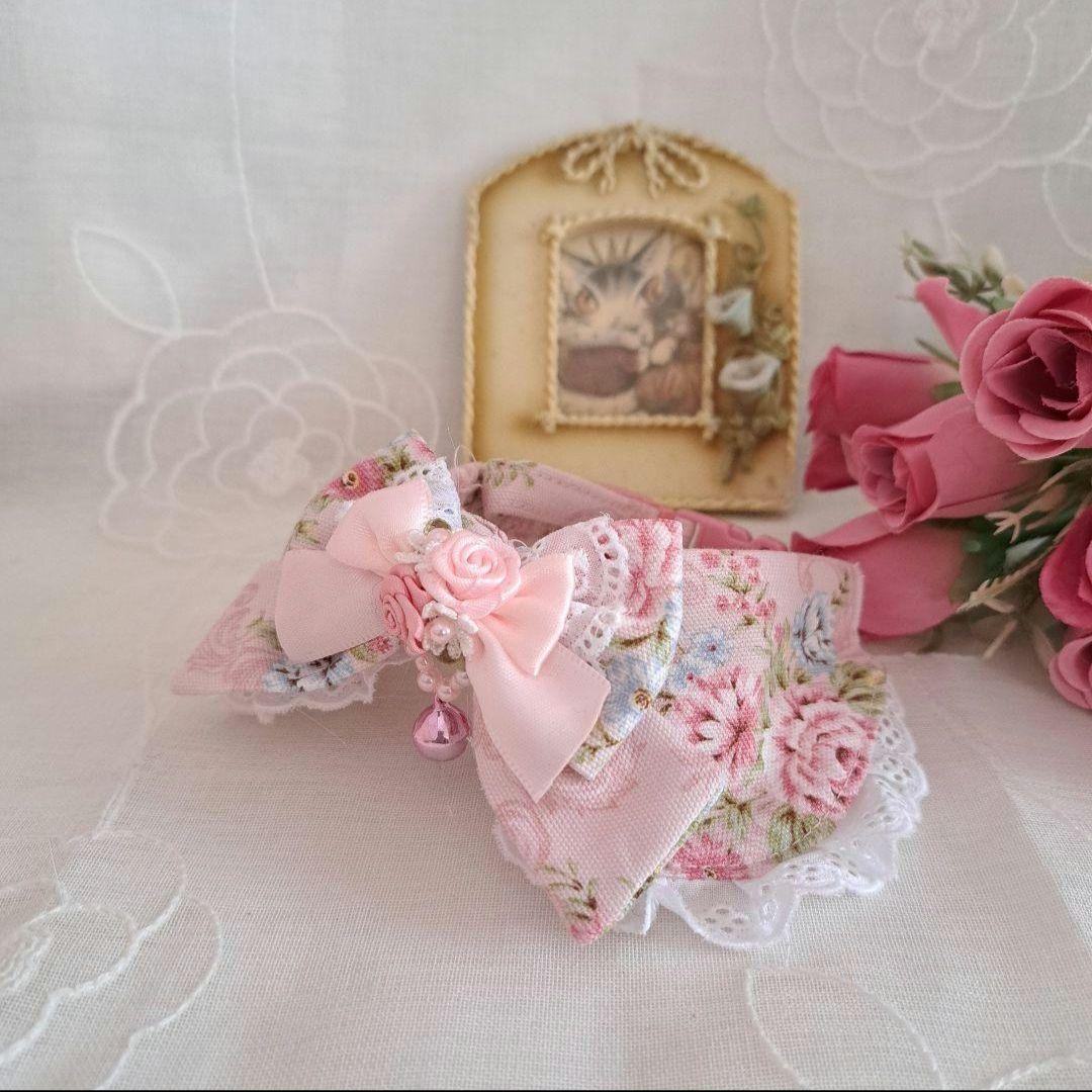 marin☆、幅広シュシュ和風つまみ細工(ピンク)わんちゃん猫ちゃん用