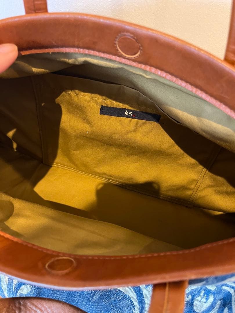 45rpmボストンバッグ 馬革とインディゴの手提げバッグ 総柄