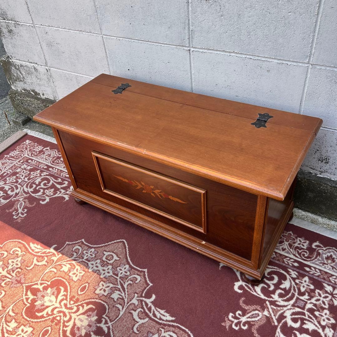 古家具ビンテージ品◾️アンティーク象嵌デザイン 木製ベンチチェスト 木製家具