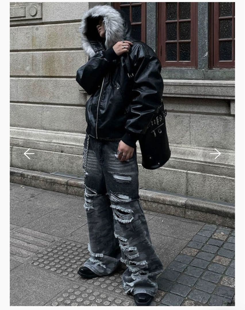 フード付きレザージャケット ダメージ加工