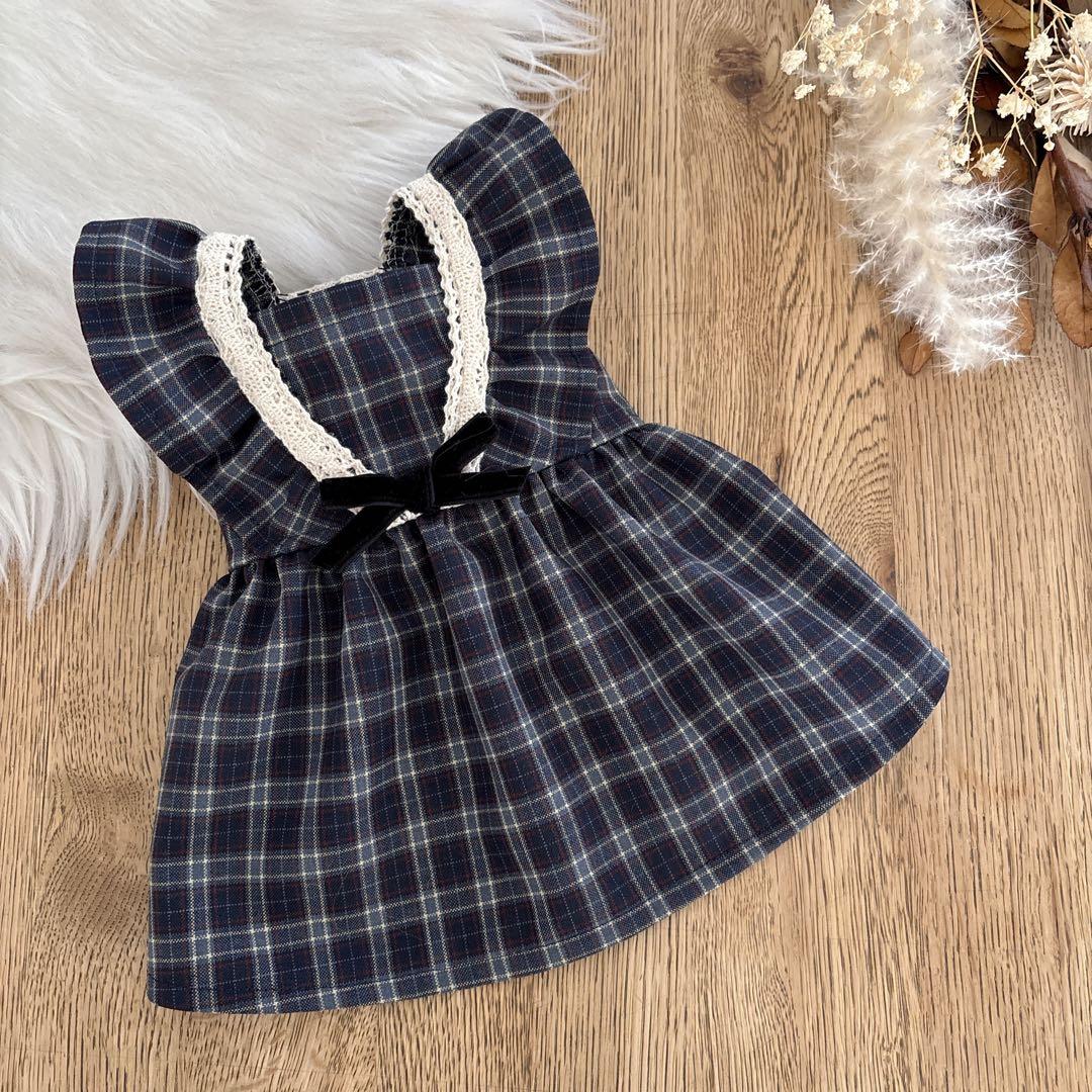 ハンドメイド　ネイビーミックスチェック　フリルワンピース