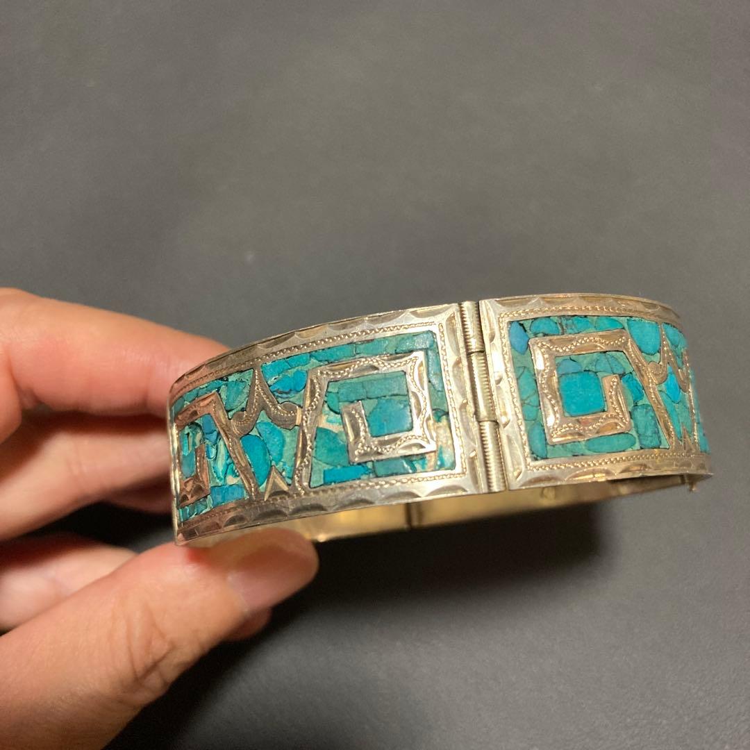 ターコイズ シルバー バングル 幾何学模様　シルバー925