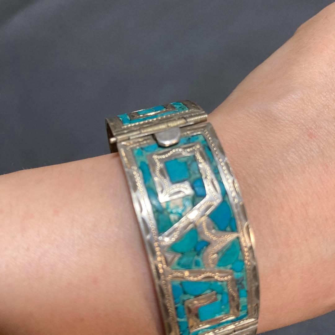 ターコイズ シルバー バングル 幾何学模様　シルバー925
