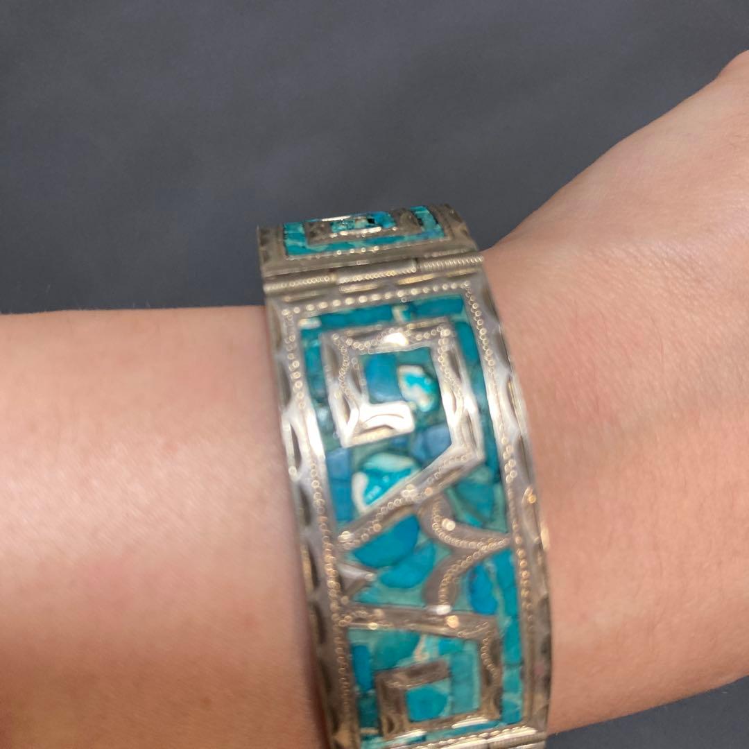ターコイズ シルバー バングル 幾何学模様　シルバー925