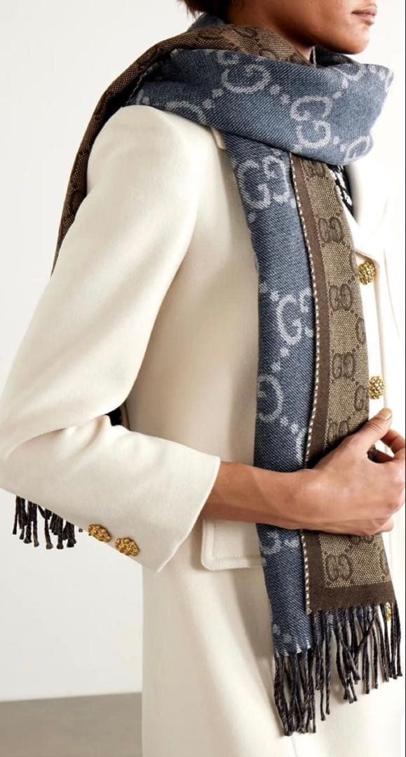 新品未使用GUCCI GGロゴマフラー デニムブルー ブラウン