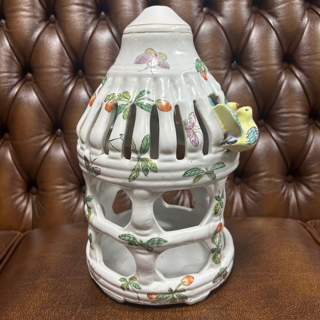 鳥籠　鳥かご　陶器　中国アンティーク　置物