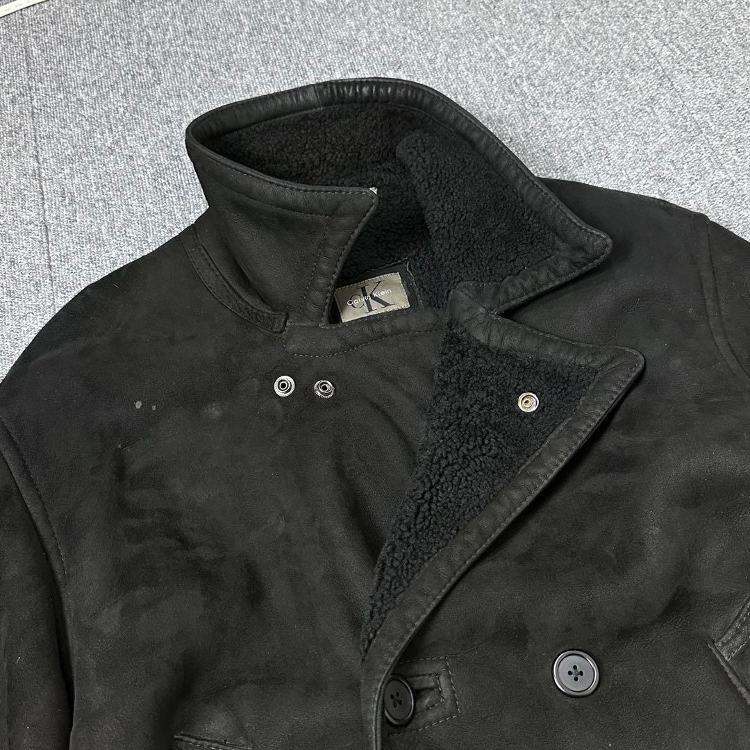 80s 90s カルバンクライン 本革 ムートンコート レザージャケット 黒