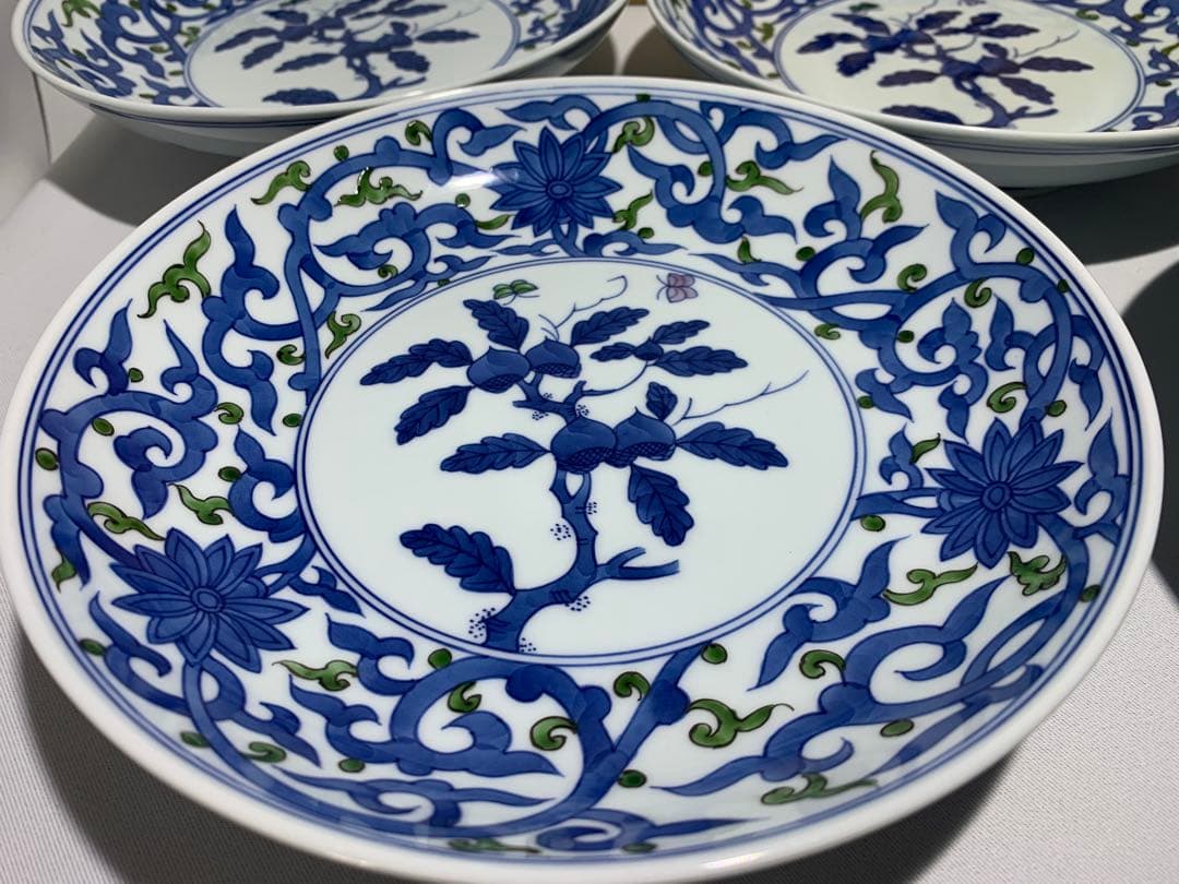 【未使用・希少】有田焼　館林陶宗作 染錦唐草文　和皿　20cm 5枚セット