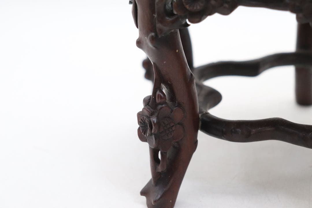 中国　梅彫　大理石嵌唐木花台　茶道具　送料込み260113