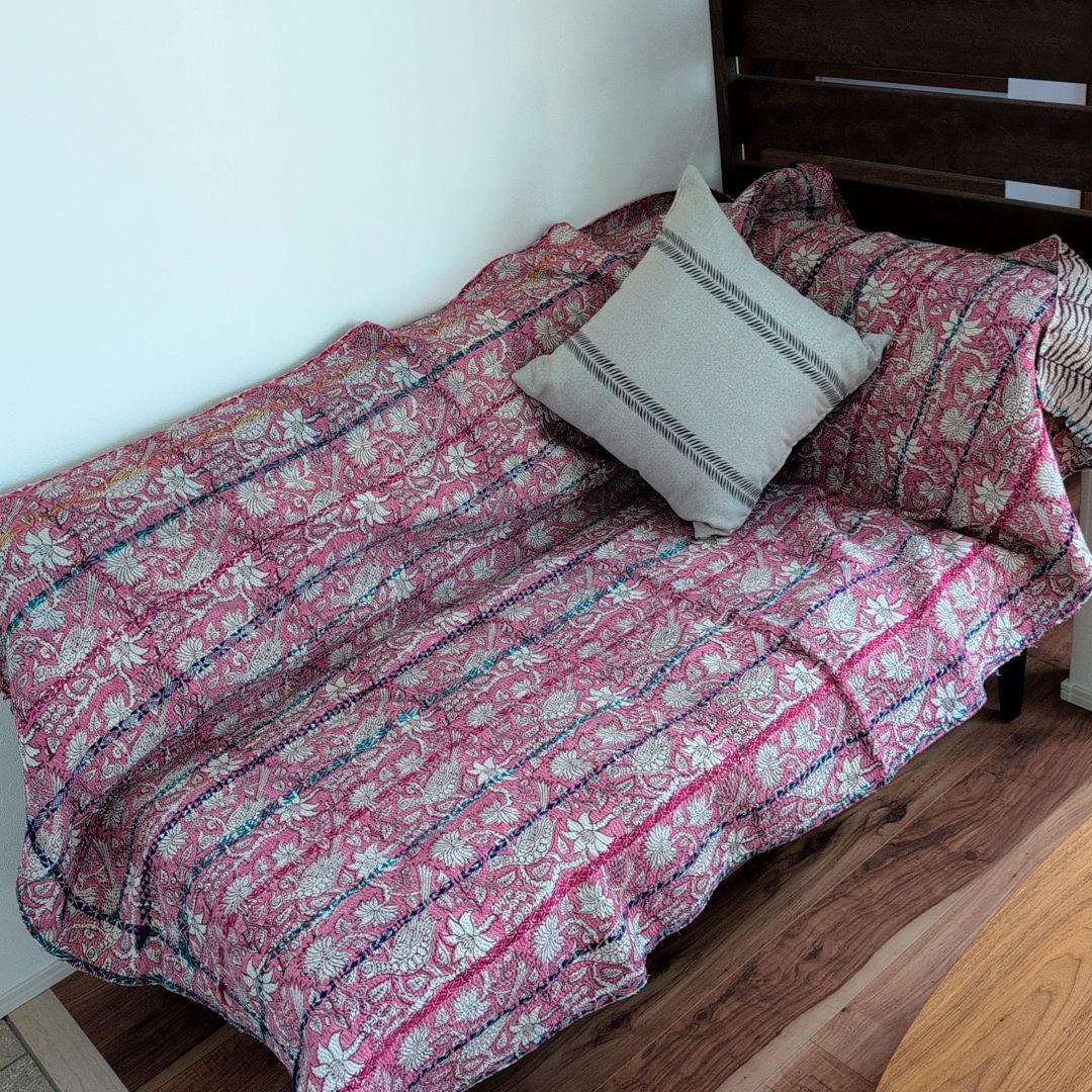 ピンク花柄 ブロックプリント ヴィンテージカンタキルト　ラリーキルト 690