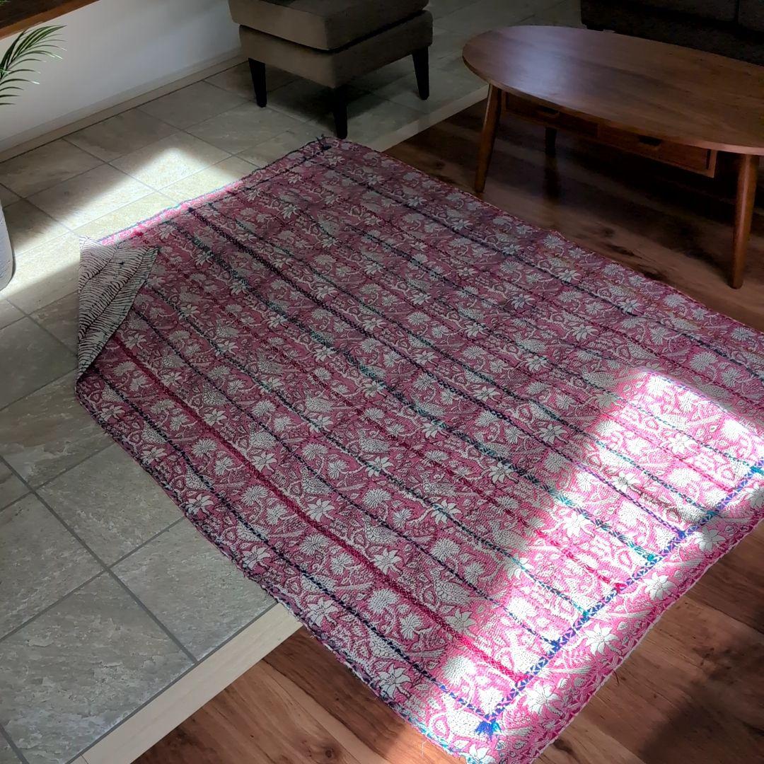 ピンク花柄 ブロックプリント ヴィンテージカンタキルト　ラリーキルト 690