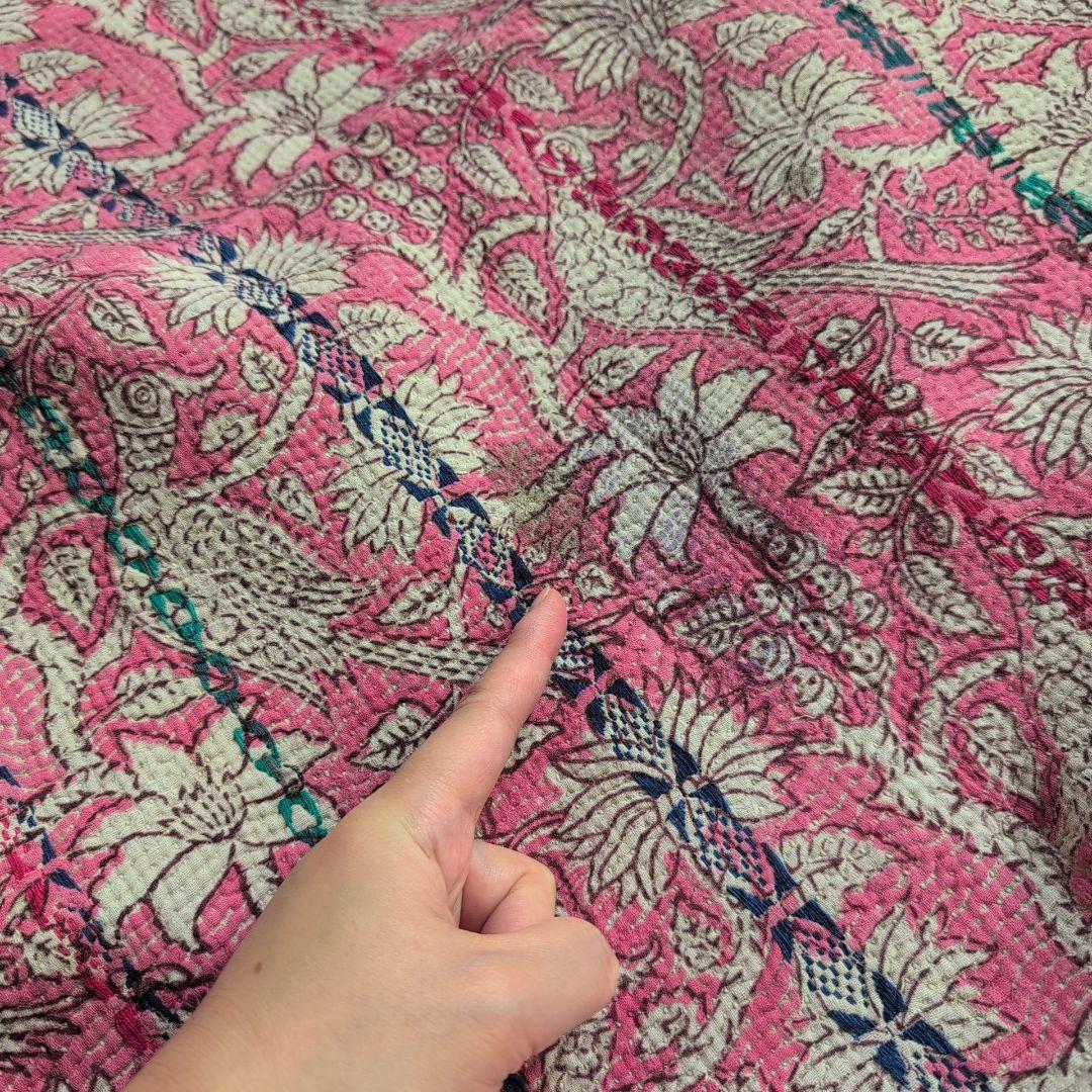 ピンク花柄 ブロックプリント ヴィンテージカンタキルト　ラリーキルト 690