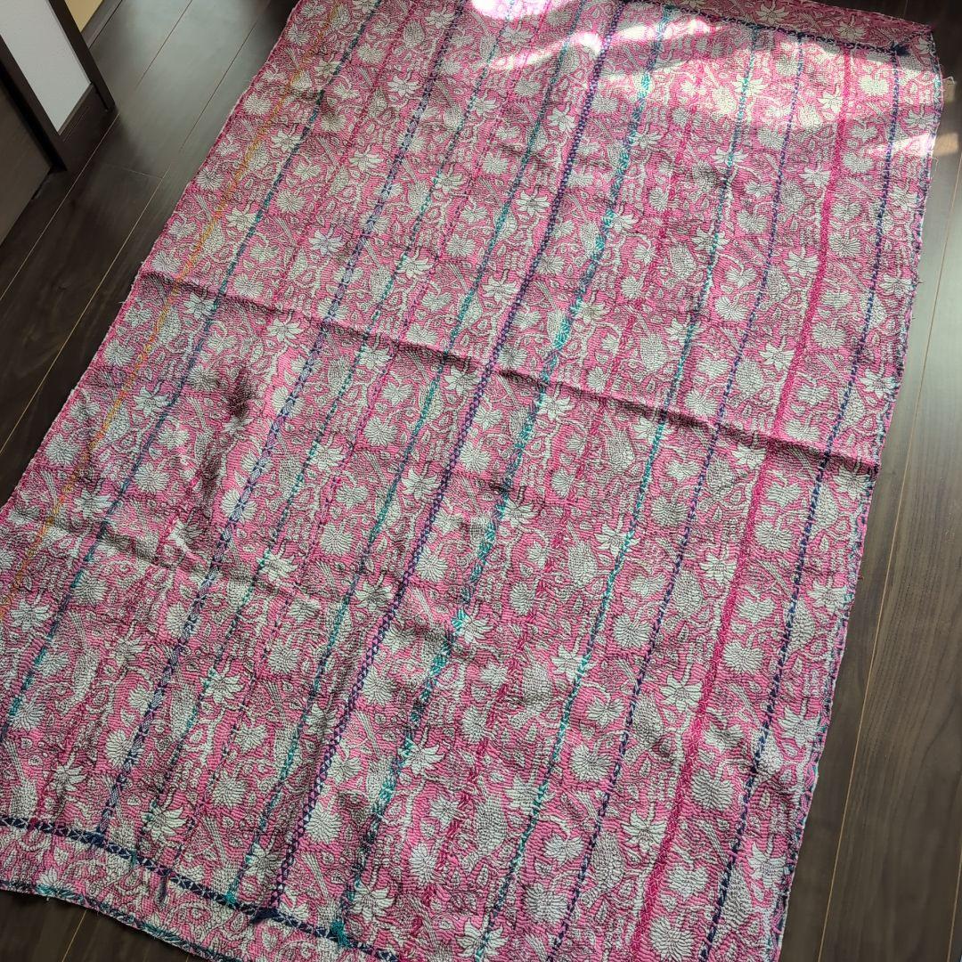 ピンク花柄 ブロックプリント ヴィンテージカンタキルト　ラリーキルト 690