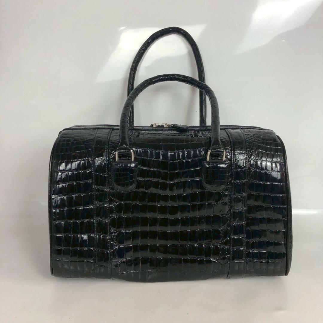 クロコダイル ハンドバッグ ミニボストンバッグ シャイニング加工 黒 ブラック