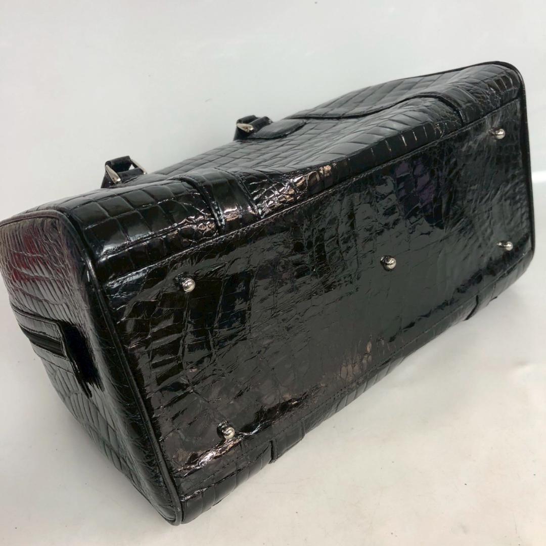 クロコダイル ハンドバッグ ミニボストンバッグ シャイニング加工 黒 ブラック