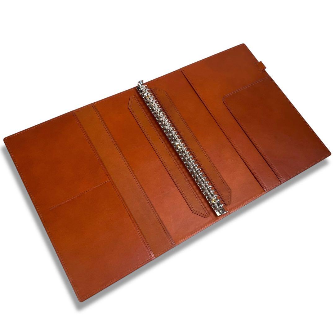 A4ルーズリーフ バインダー A4 30穴 本革 リングファイル　キャメル