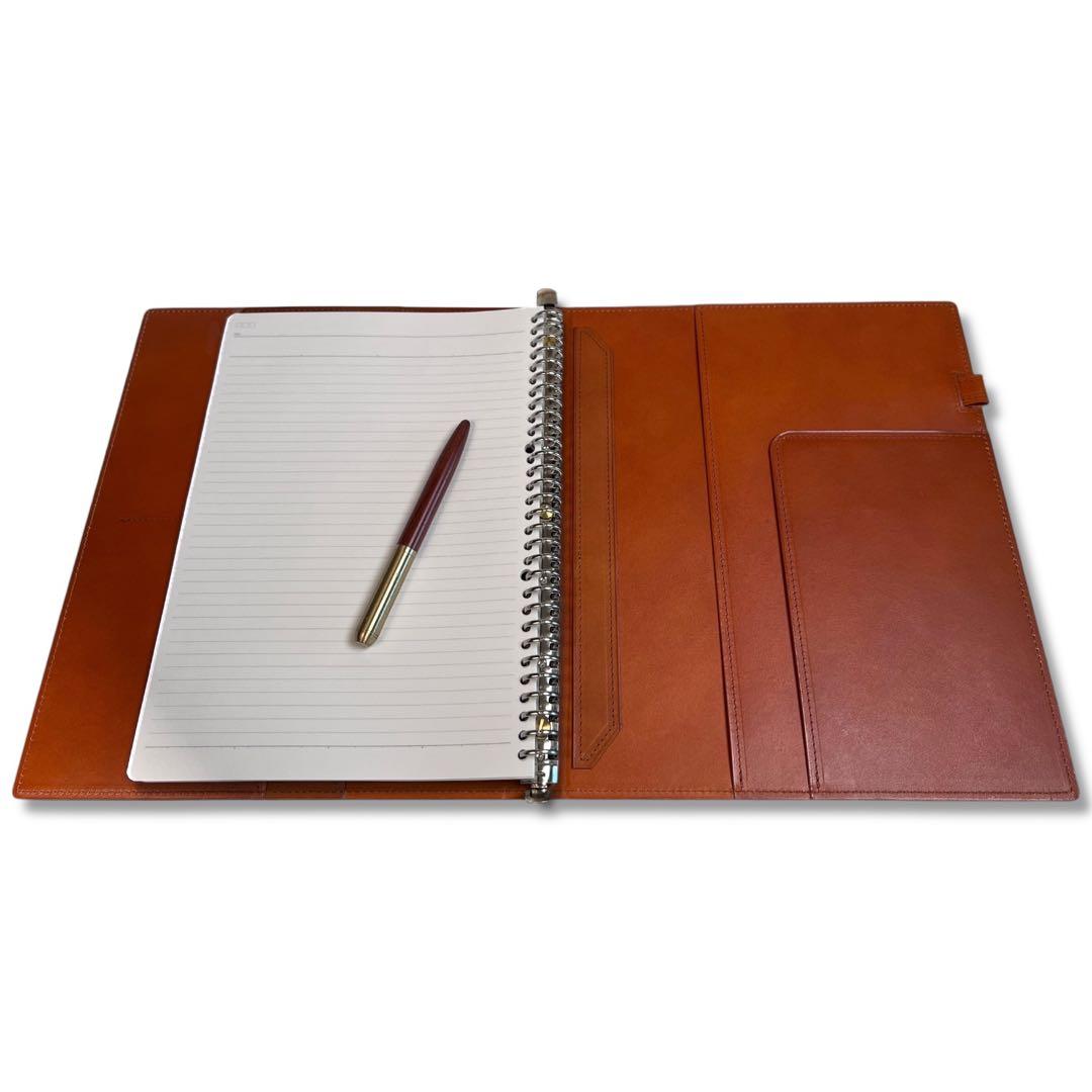 A4ルーズリーフ バインダー A4 30穴 本革 リングファイル　キャメル