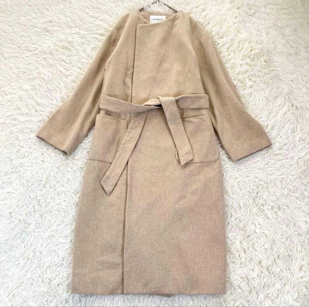 最終値下げ！スピックアンドスパン　ノーカラーロングコート ウール100%